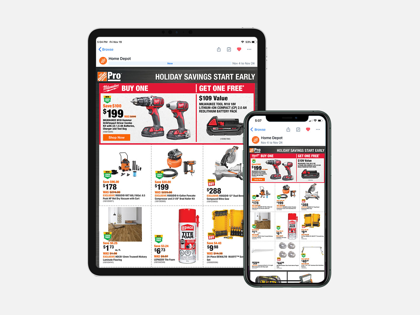 The Home Depot Canada Flipp digital flyer displayed in an iPad and an iPhone.