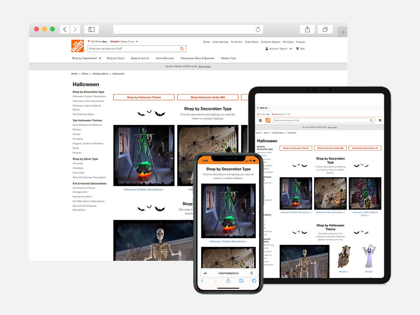 Browser window, iPad and iPhone displaying The Home Depot Canada Halloween category landing page..