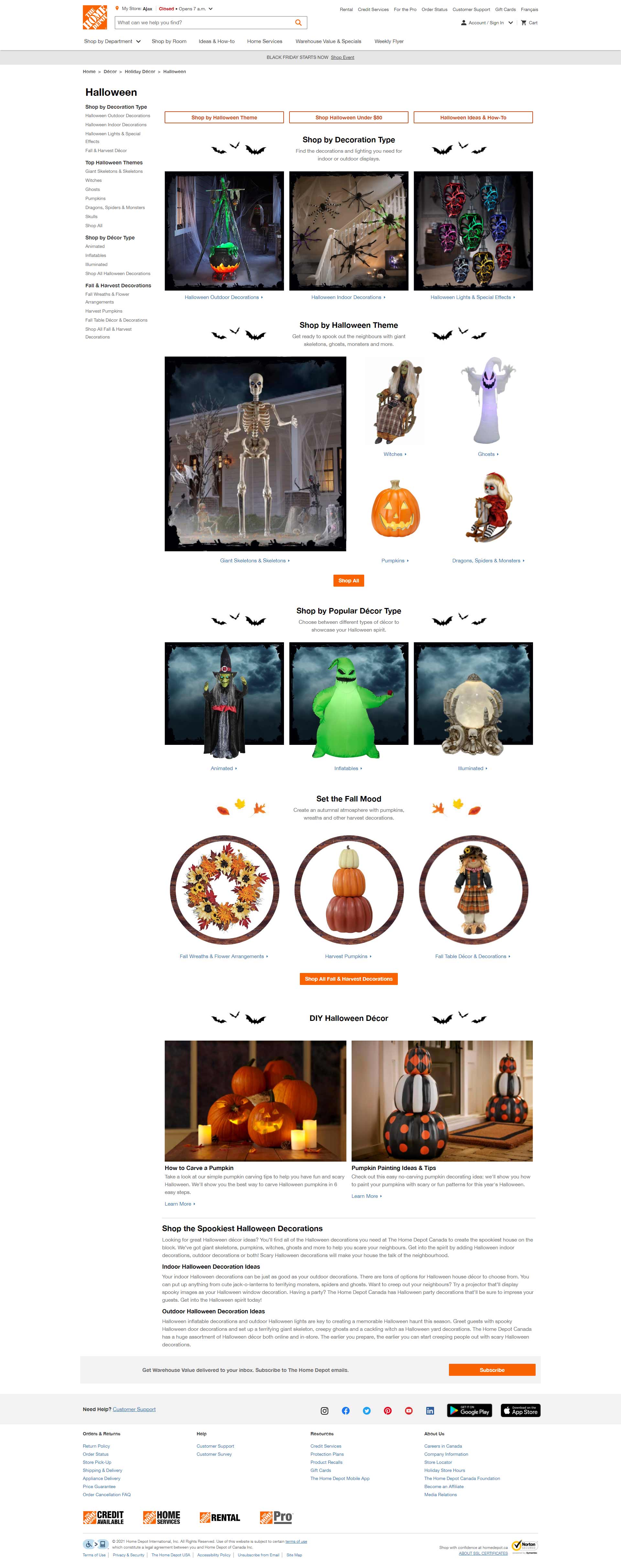 The Home Depot Canada Halloween category landing page.