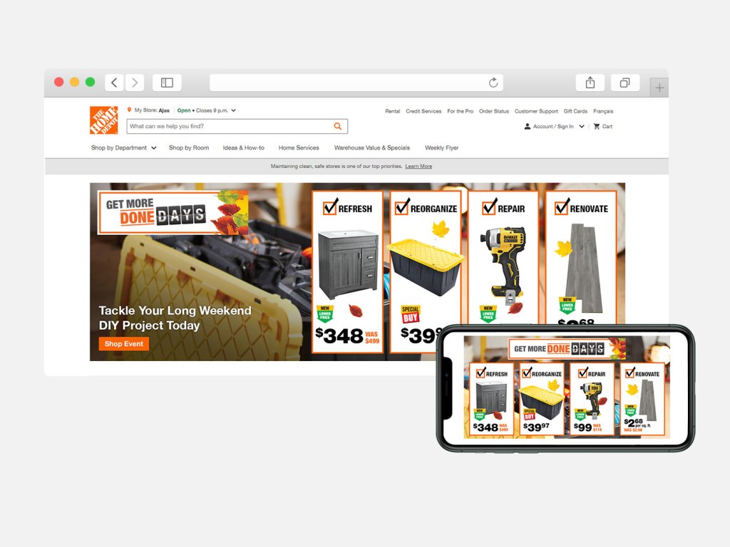 The Home Depot Canada homepage hero banners displayed in a web browser and an iPhone.