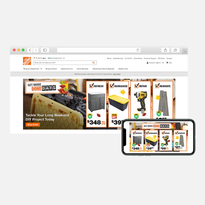The Home Depot Canada homepage hero banners displayed in a web browser and an iPhone.
