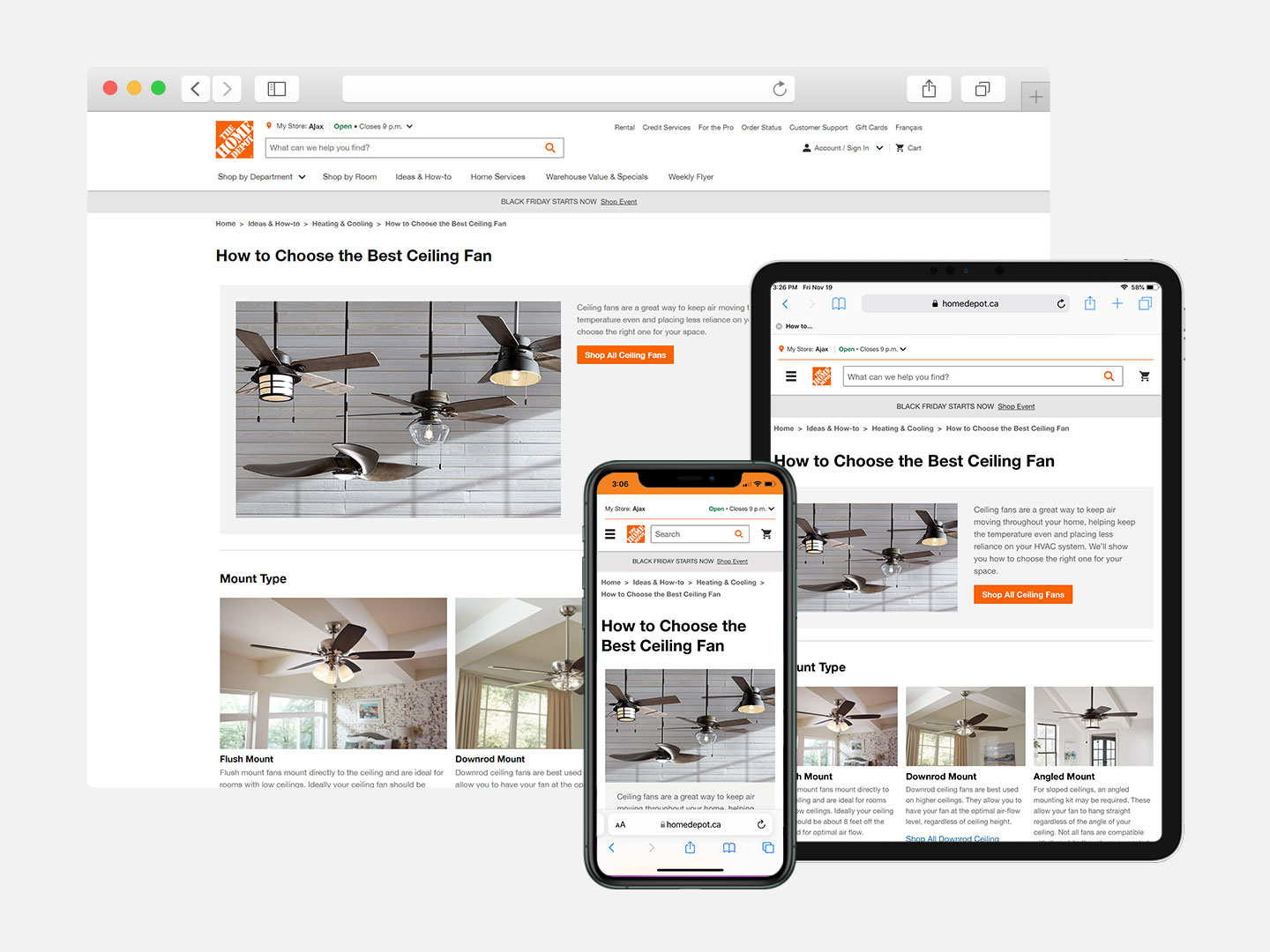 Browser window, iPad and iPhone displaying The Home Depot Canada Ceiling Fan buying guide.