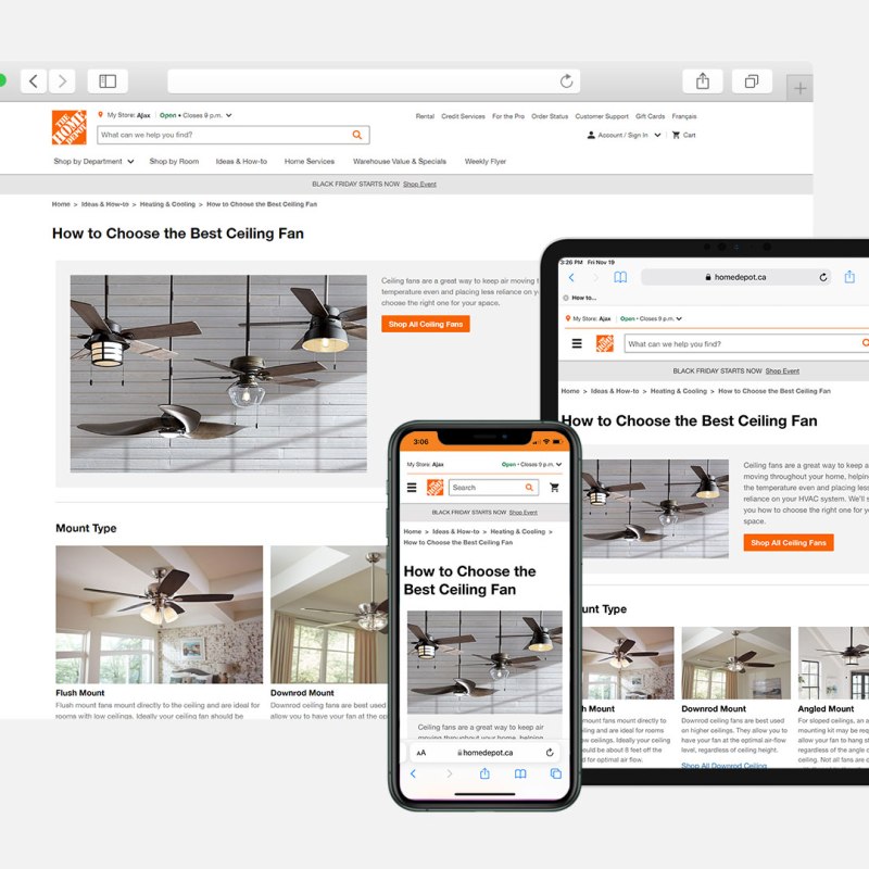 Browser window, iPad and iPhone displaying The Home Depot Canada Ceiling Fan buying guide.