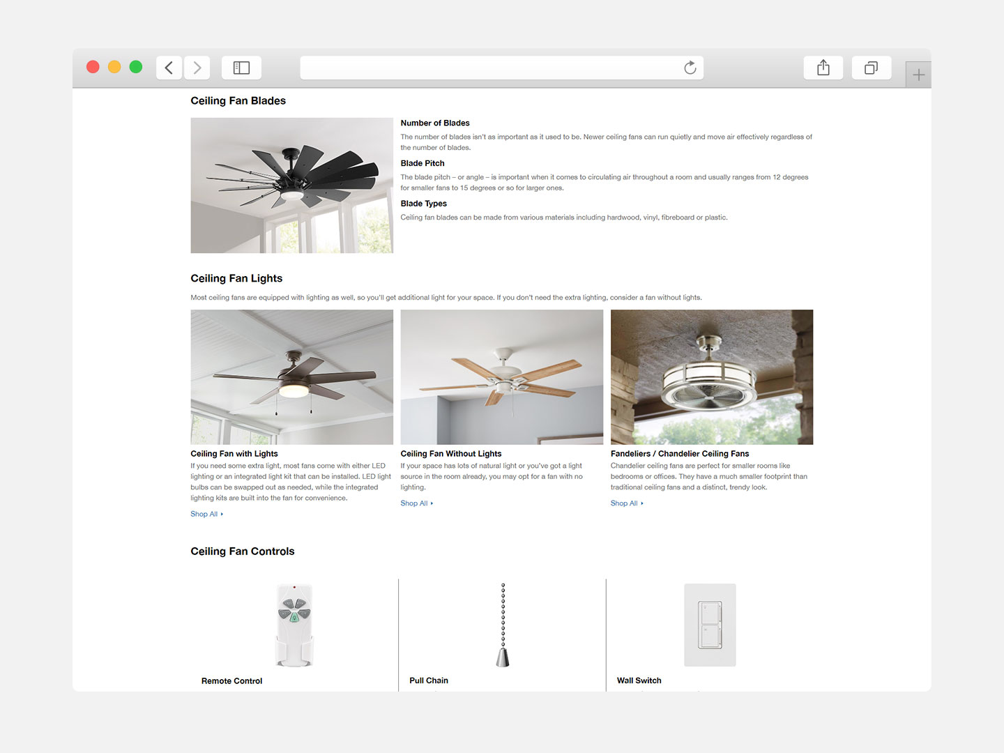 Browser window displaying The Home Depot Canada Ceiling Fan buying guide.
