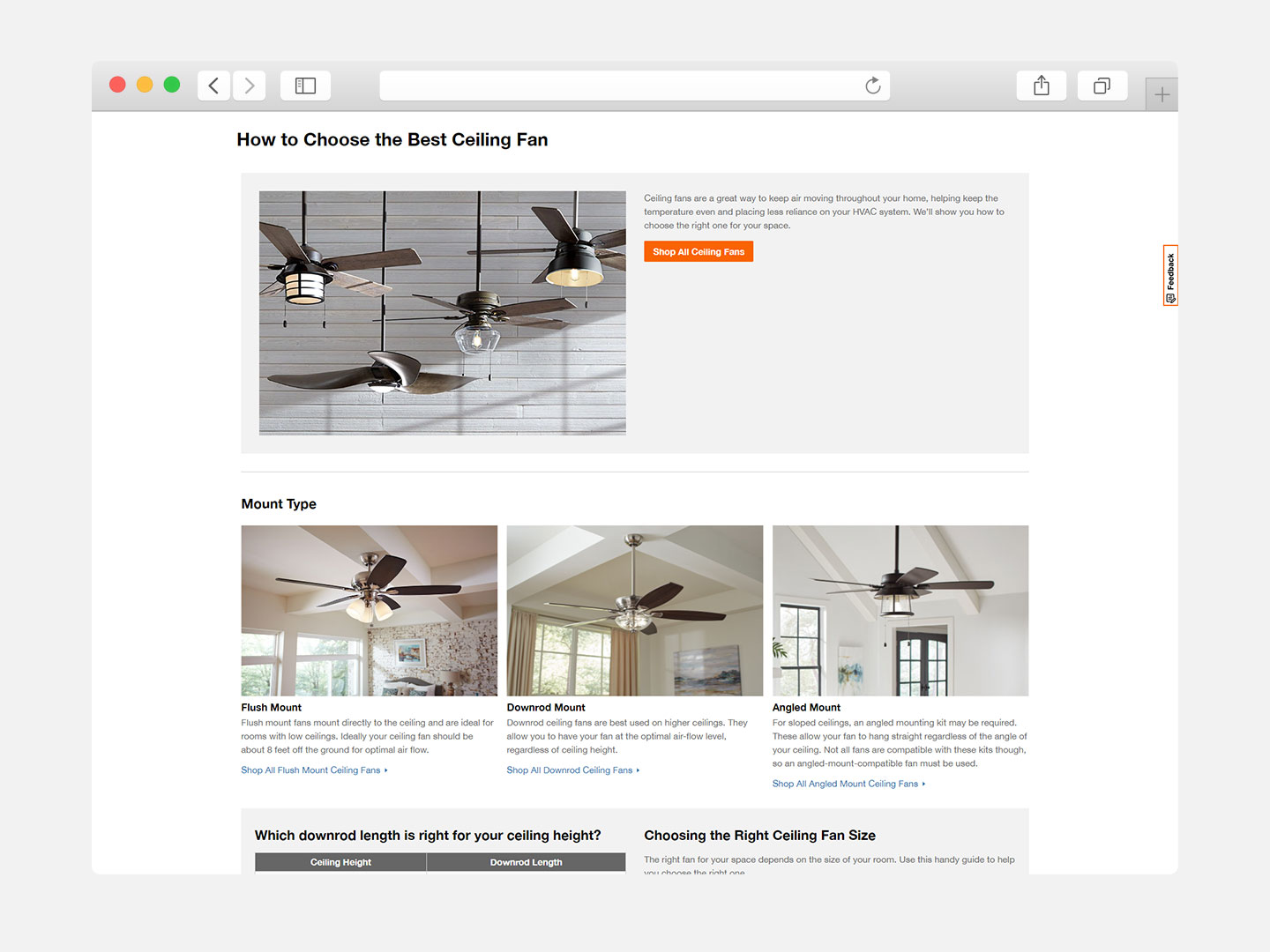 Browser window displaying The Home Depot Canada Ceiling Fan buying guide.