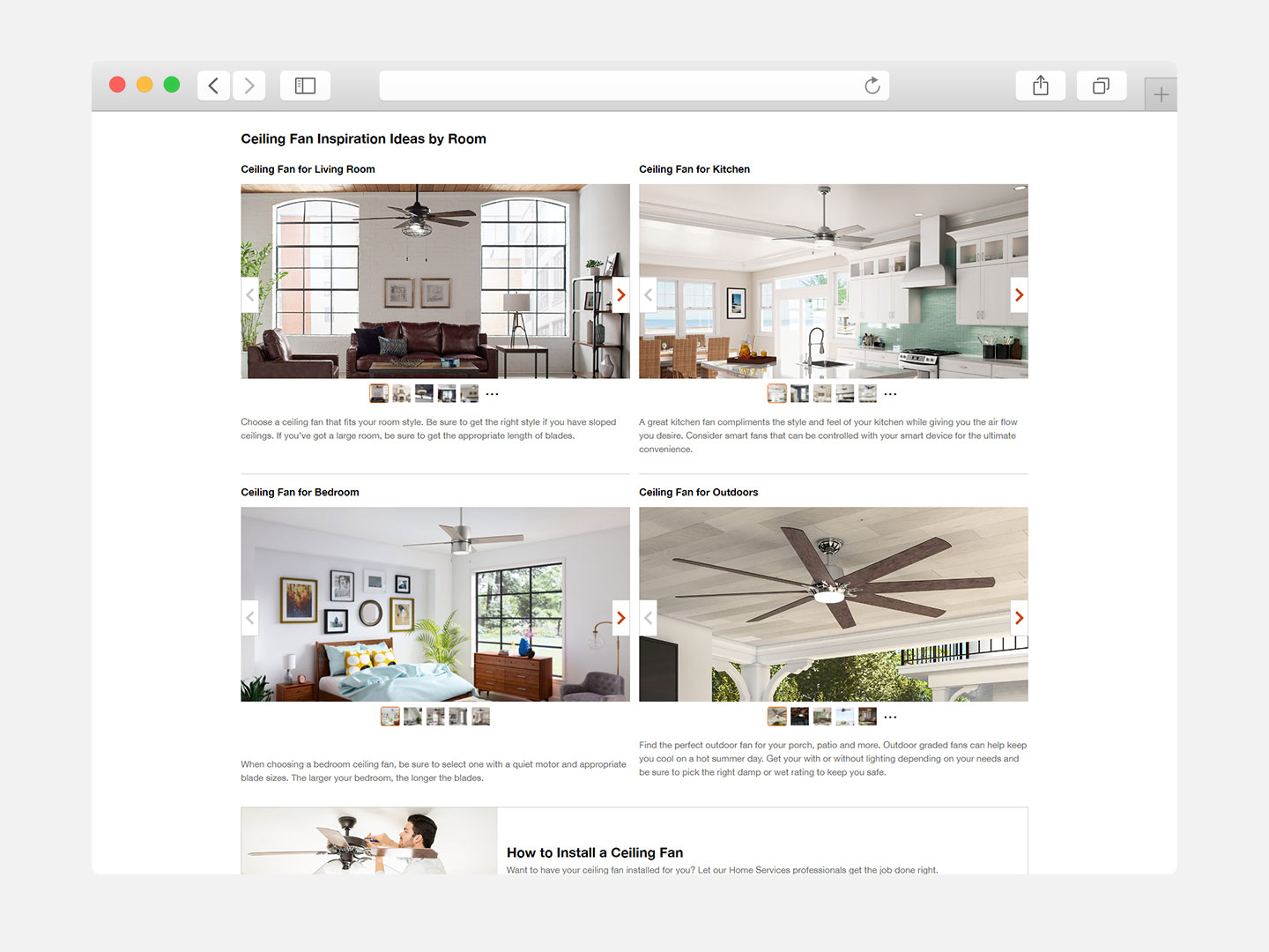 Browser window displaying The Home Depot Canada Ceiling Fan buying guide.