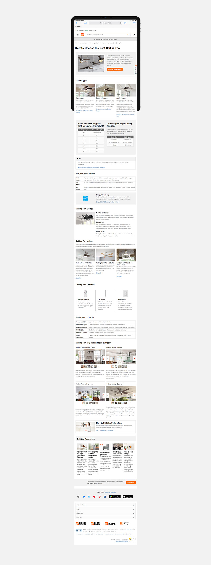 iPad displaying The Home Depot Canada Ceiling Fan buying guide.