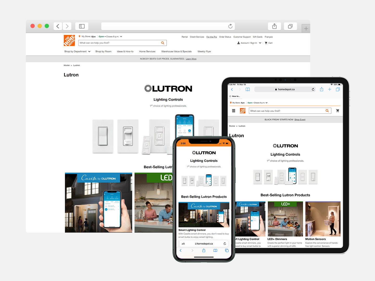 Browser window, iPad and iPhone displaying The Home Depot Canada Moen brand guide.