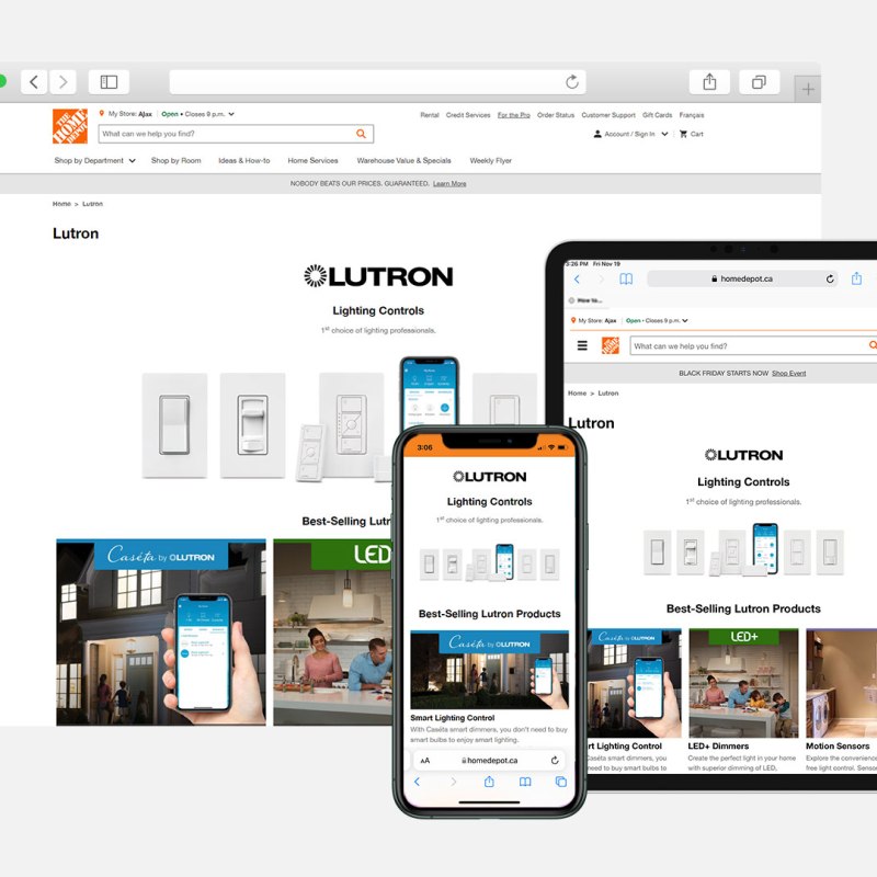 Browser window, iPad and iPhone displaying The Home Depot Canada Moen brand guide.
