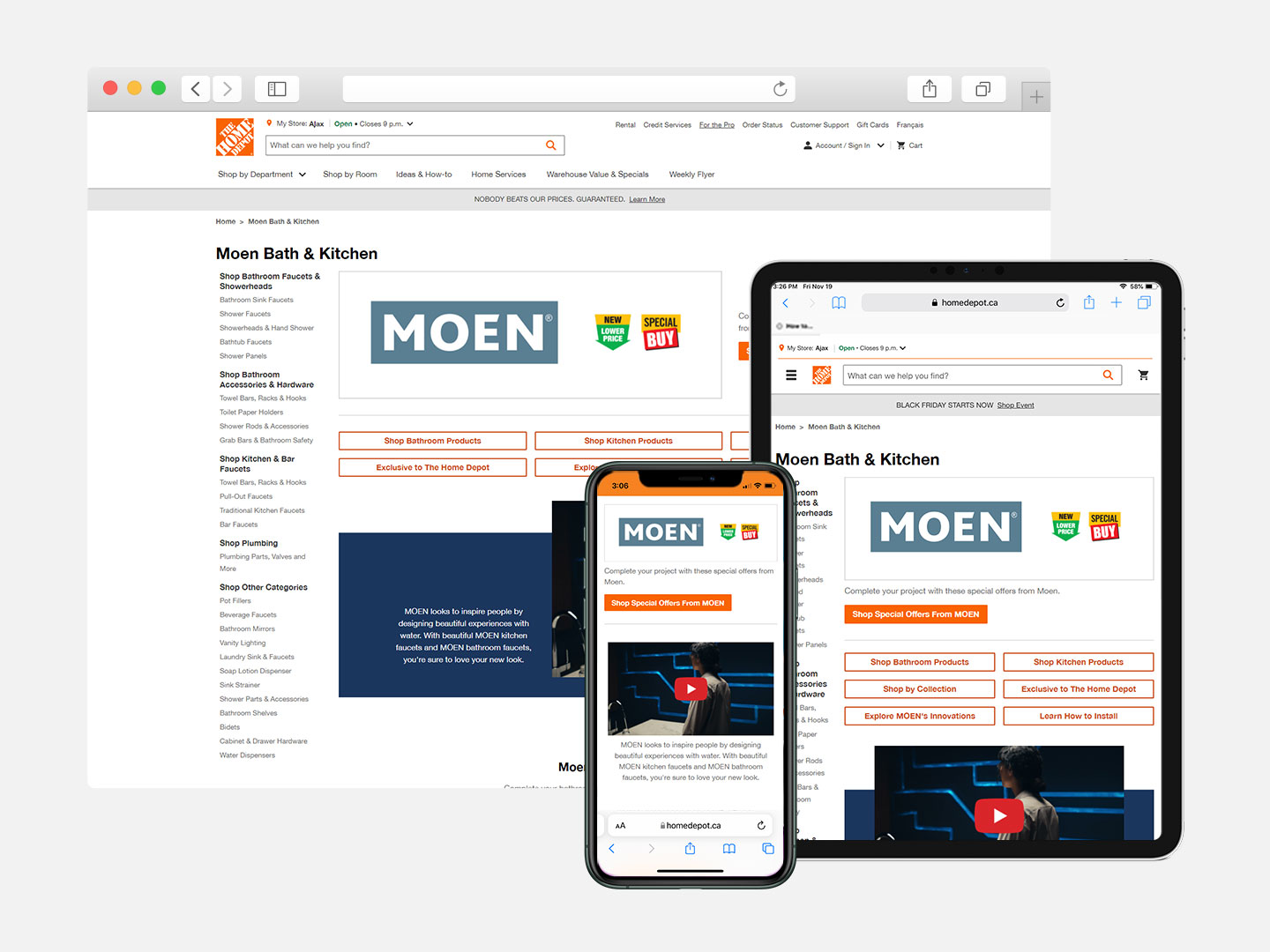 Browser window, iPad and iPhone displaying The Home Depot Canada Moen brand guide..