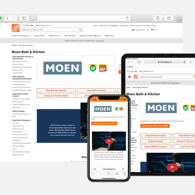 Browser window, iPad and iPhone displaying The Home Depot Canada Moen brand guide..